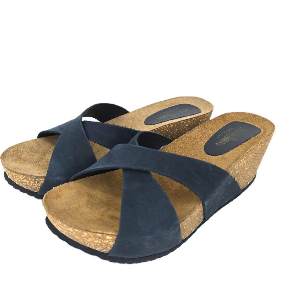 Neiman Marcus Made in Italy Navy Blue Black Cork Comfort Wedge Size 7.5 -8